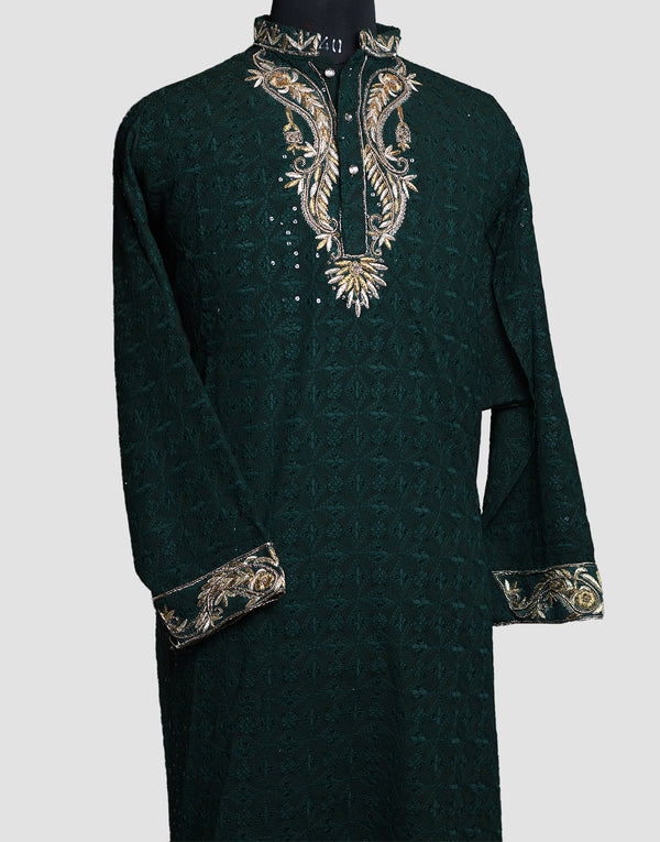 Self-Designed Fabric Awadhi Zari Green Kurta