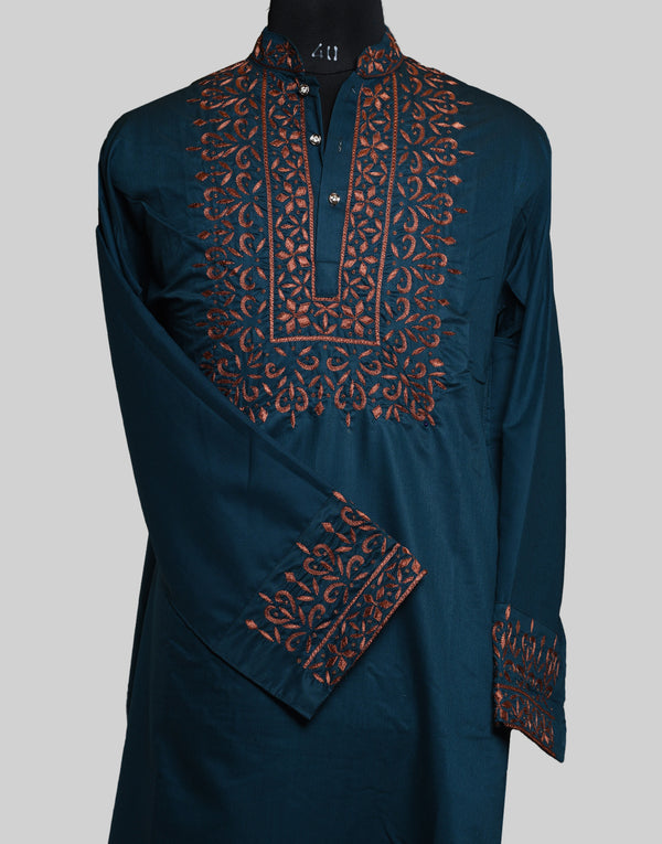 Polyester Cotton Silk Embroidered (Resham) Navy Blue Kurta