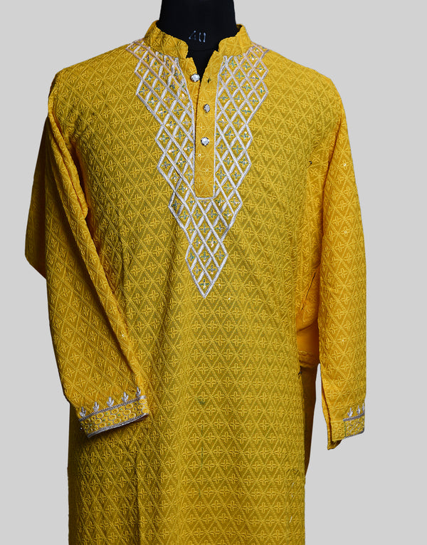 Self-designed Fabric Silk Embroidered (Resham) Yellow Kurta