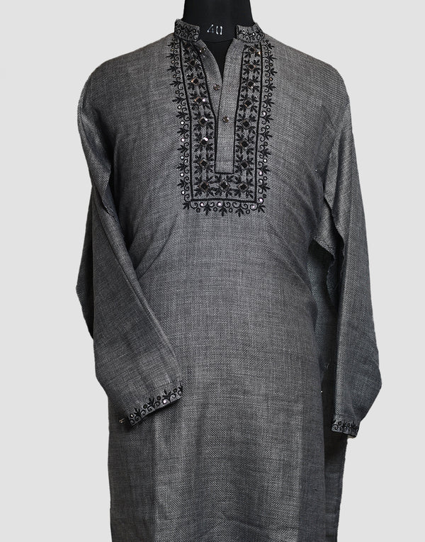 Jute Cotton Silk Embroidered (Resham) Mirrorwork Dark Grey Kurta