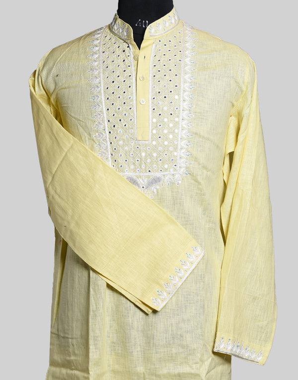 Linen-Cotton Blend Mirror Work with Silk Embroidery (Resham) Bright Yellow Kurta