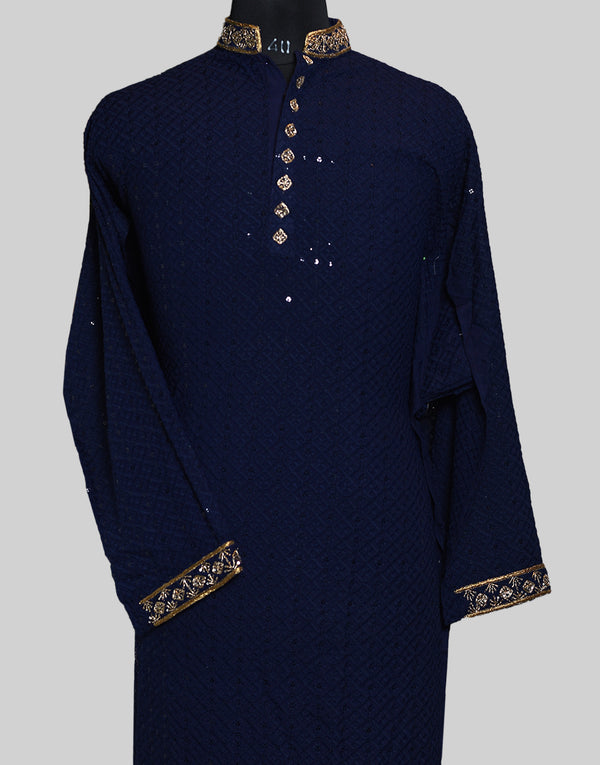 Self-designed Fabric Awadhi Zari Work Navy Blue Kurta