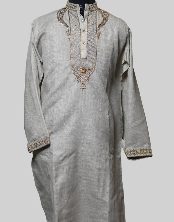 Jute Cotton Awadhi Zari Ivory Kurta