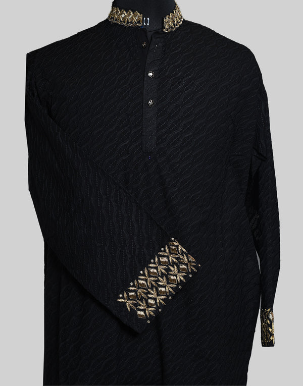 Self-designed Fabric Awadhi Zari Black Kurta